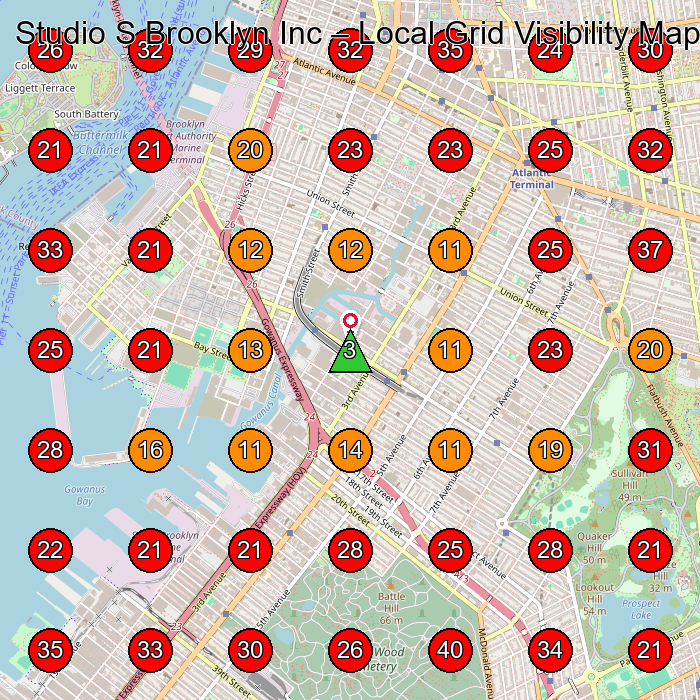 Studio S Brooklyn Inc GeoGrid visibility map for Hair Salon in Brooklyn